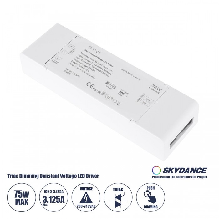 GloboStar® 73130 TE-75-24 SKYDANCE AC Triac Dimmer Push Dimming 1 Κανάλι AC 200-240V 1 x 3.125A 75W - Max 3.125A 75W - IP20 Μ18 x Π5.7 x Υ3cm - 5 Χρόνια Εγγύηση GloboStar® 73130 TE-75-24 SKYDANCE AC Triac Dimmer Push Dimming 1 Κανάλι AC 200-240V 1 x 3.125A 75W - Max 3.125A 75W - IP20 Μ18 x Π5.7 x Υ3cm - 5 Χρόνια Εγγύηση