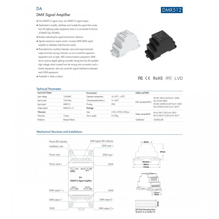 GloboStar® 73137 DA SKYDANCE DC DMX512 Signal Amplifier Din Rail Ράγας 2 Καναλιών DC 12-48V - IP20 Μ11.5 x Π5 x Υ6.5cm - 5 Χρόνια Εγγύηση GloboStar® 73137 DA SKYDANCE DC DMX512 Signal Amplifier Din Rail Ράγας 2 Καναλιών DC 12-48V - IP20 Μ11.5 x Π5 x Υ6.5cm - 5 Χρόνια Εγγύηση