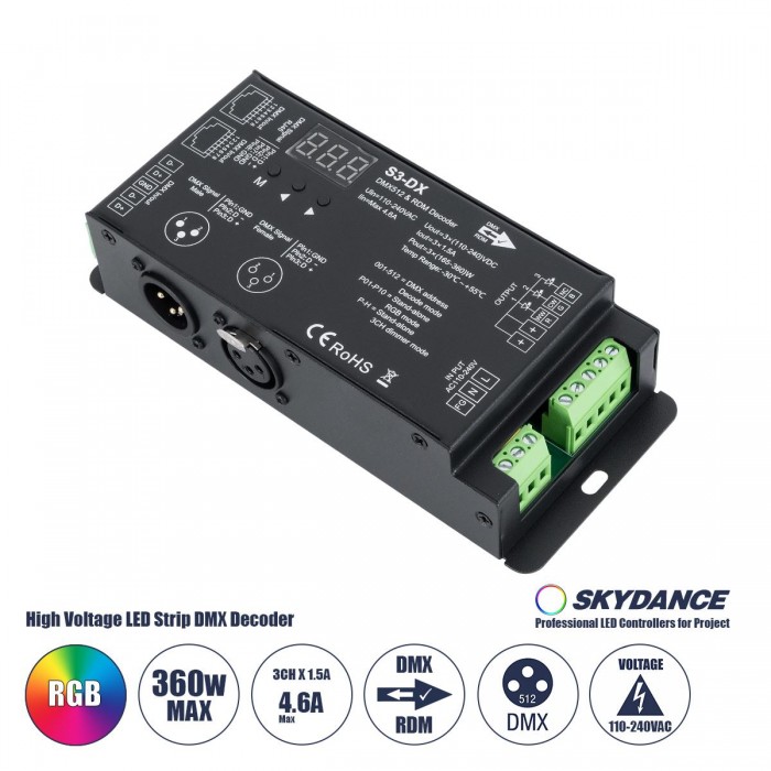 GloboStar® 73144 S3-DX SKYDANCE AC DMX512 High Voltage LED Strip Decoder 3 Καναλιών AC 110-240V 3 x 1.5A 360W - Max 4.6A 360W - IP20 Π16.5 x Π7 x Υ3.7cm - 5 Χρόνια Εγγύηση GloboStar® 73144 S3-DX SKYDANCE AC DMX512 High Voltage LED Strip Decoder 3 Καναλιών AC 110-240V 3 x 1.5A 360W - Max 4.6A 360W - IP20 Π16.5 x Π7 x Υ3.7cm - 5 Χρόνια Εγγύηση
