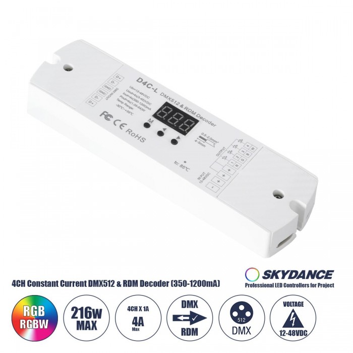 GloboStar® 73146 D4C-L SKYDANCE DC DMX512 Constant Current & RDM Decoder 4 Καναλιών DC 12-48V 4 x 1A 54W - Max 4A 216W - IP20 Μ17 x Π5 x Υ2.5cm - 5 Χρόνια Εγγύηση GloboStar® 73146 D4C-L SKYDANCE DC DMX512 Constant Current & RDM Decoder 4 Καναλιών DC 12-48V 4 x 1A 54W - Max 4A 216W - IP20 Μ17 x Π5 x Υ2.5cm - 5 Χρόνια Εγγύηση