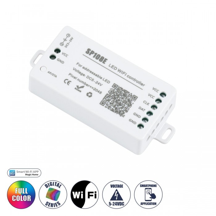 GLOBOSTAR® SP108E 73409 WiFi 2.4G Ψηφιακός Pixel Addressable Controller DC 5-12-24V IP20 - WiFi 2.4G - SPI/TTL Protocol 2048 IC - Μ8.1 x Π4.3 x Υ2.1cm - 2 Χρόνια Εγγύηση