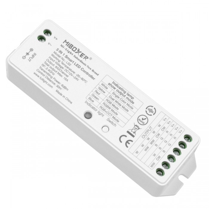 GloboStar® 73422 LS2 Mi-BOXER DC RF 2.4Ghz 5 in 1 Dimmer High Speed Controller / Dimmer 5 Καναλιών DC 12-24V 5 x 3A 72W - Max 15A 360W - IP20 RGBW+WW Μ13 x Π5 x Υ2.5cm - 5 Years Warranty