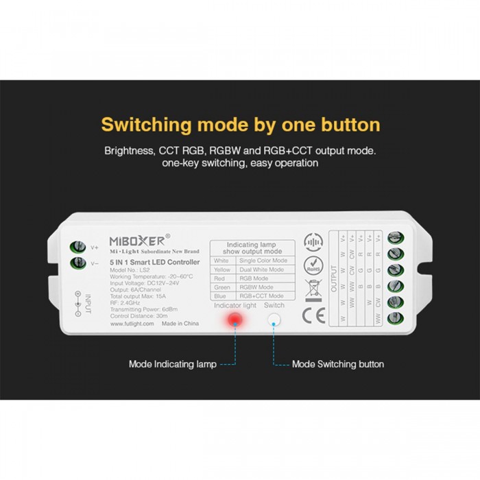 GloboStar® 73422 LS2 Mi-BOXER DC RF 2.4Ghz 5 in 1 Dimmer High Speed Controller / Dimmer 5 Καναλιών DC 12-24V 5 x 3A 72W - Max 15A 360W - IP20 RGBW+WW Μ13 x Π5 x Υ2.5cm - 5 Years Warranty GloboStar® 73422 LS2 Mi-BOXER DC RF 2.4Ghz 5 in 1 Dimmer High Speed Controller / Dimmer 5 Καναλιών DC 12-24V 5 x 3A 72W - Max 15A 360W - IP20 RGBW+WW Μ13 x Π5 x Υ2.5cm - 5 Years Warranty