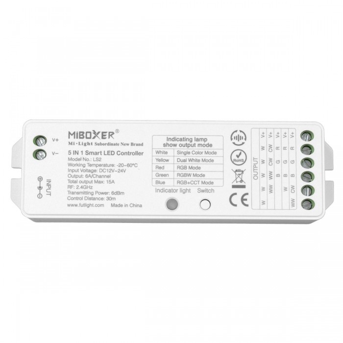 GloboStar® 73422 LS2 Mi-BOXER DC RF 2.4Ghz 5 in 1 Dimmer High Speed Controller / Dimmer 5 Καναλιών DC 12-24V 5 x 3A 72W - Max 15A 360W - IP20 RGBW+WW Μ13 x Π5 x Υ2.5cm - 5 Years Warranty