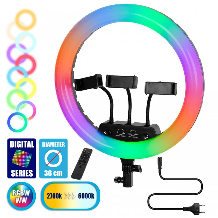 GloboStar® 75804 Professional Digital Ring Light Φ36cm LED SMD 50W 5000lm 180° AC 230V με Καλώδιο Τροφοδοσίας Πρίζας - Ασύρματο Χειριστήριο RF 2.4Ghz Εναλλαγής Χρωμάτων & 3 Βάσεις Τηλεφώνου - Πολύχρωμο RGBW+WW Dimmable GloboStar® 75804 Professional Digital Ring Light Φ36cm LED SMD 50W 5000lm 180° AC 230V με Καλώδιο Τροφοδοσίας Πρίζας - Ασύρματο Χειριστήριο RF 2.4Ghz Εναλλαγής Χρωμάτων & 3 Βάσεις Τηλεφώνου - Πολύχρωμο RGBW+WW Dimmable