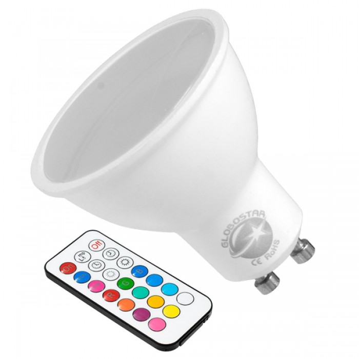 GloboStar® 76067 Λάμπα LED Σποτ GU10 6W 230V 400lm 180° με Ασύρματο Χειριστήριο RGB & Θερμό Λευκό 3000K