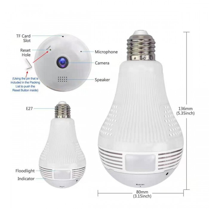 GloboStar® 76073 WIFI 2.4G IP CAMERA 2.0MP 1080P - Έξυπνη Κρυφή IP Κάμερα WiFi 1080P Fish Eye 360° 3W LED σε Σχήμα Λάμπας με Ντουί και Βάση E27 Smart Home GloboStar® 76073 WIFI 2.4G IP CAMERA 2.0MP 1080P - Έξυπνη Κρυφή IP Κάμερα WiFi 1080P Fish Eye 360° 3W LED σε Σχήμα Λάμπας με Ντουί και Βάση E27 Smart Home