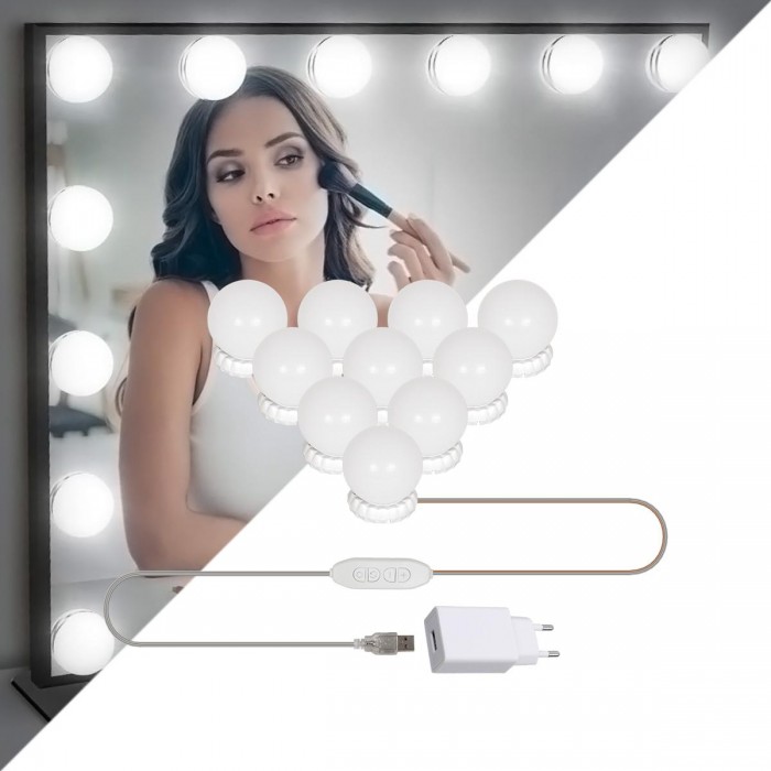 GloboStar® 79047 Φωτιστικό Γιρλάντα με 10 Γλομπάκια για Μακιγιάζ - Καθρέπτη LED 8W 800lm DC 5V με Καλώδιο Τροφοδοσίας USB - Ενσωματωμένο Χειριστήριο Εναλλαγής Χρωμάτων & USB Wall Adapter Αδιάβροχο IP54 CCT Θερμό 2700K έως Ψυχρό 6000K Dimmable GloboStar® 79047 Φωτιστικό Γιρλάντα με 10 Γλομπάκια για Μακιγιάζ - Καθρέπτη LED 8W 800lm DC 5V με Καλώδιο Τροφοδοσίας USB - Ενσωματωμένο Χειριστήριο Εναλλαγής Χρωμάτων & USB Wall Adapter Αδιάβροχο IP54 CCT Θερμό 2700K έως Ψυχρό 6000K Dimmable
