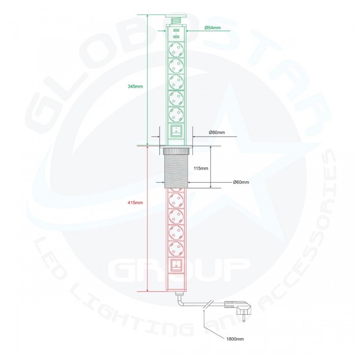 GloboStar® 79632 Χωνευτό Πτυσσόμενο Πολύμπριζο με 5 Πρίζες Ασφαλείας EU Σούκο AC 230V Max 5000W & 2 Εξόδους USB DC 5V Max 3A 18W & Ενσωματωμένο Διακόπτη Οn/Off