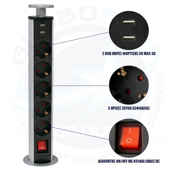 GloboStar® 79632 Χωνευτό Πτυσσόμενο Πολύμπριζο με 5 Πρίζες Ασφαλείας EU Σούκο AC 230V Max 5000W & 2 Εξόδους USB DC 5V Max 3A 18W & Ενσωματωμένο Διακόπτη Οn/Off