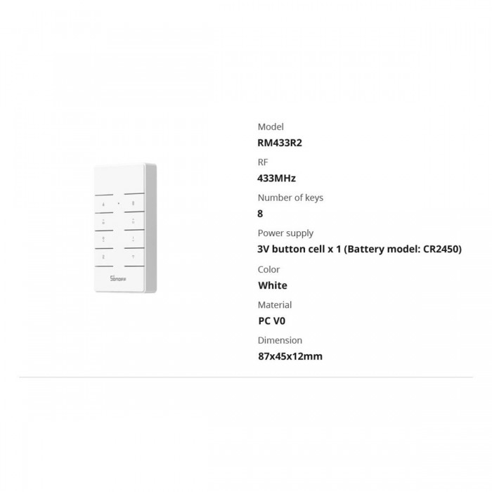GloboStar® 80074 SONOFF RM433R2 - Remote Controller RF 433Mhz 8 Key (Battery Included) GloboStar® 80074 SONOFF RM433R2 - Remote Controller RF 433Mhz 8 Key (Battery Included)