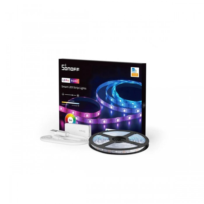 GloboStar® 80099 SONOFF L3-5M-PRO RGBIC Digital IC RGB Smart LED Strip Light WiFi 2.4GHz 90 SMD/M 5050 5m Roll & Power Adapter DC 5V Max 10W GloboStar® 80099 SONOFF L3-5M-PRO RGBIC Digital IC RGB Smart LED Strip Light WiFi 2.4GHz 90 SMD/M 5050 5m Roll & Power Adapter DC 5V Max 10W