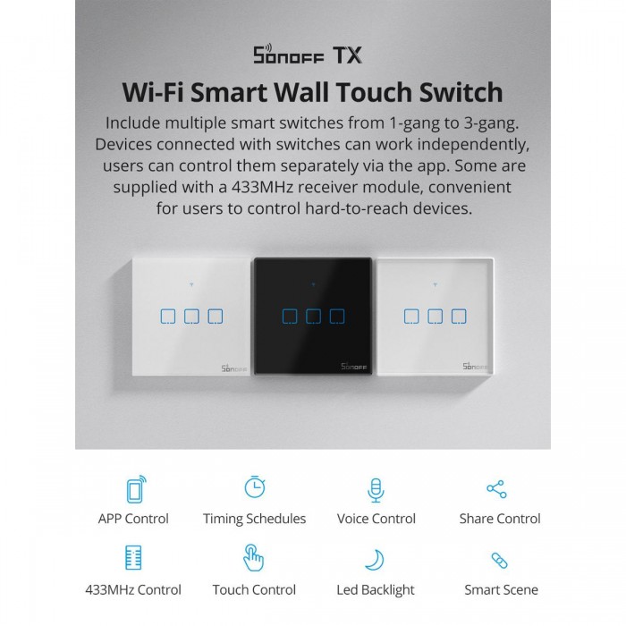 GloboStar® 80130 SONOFF T2EU1C-RF - 433MHz Wireless Smart Wall Touch Button Switch AC 100-240V Max 2A (2A/Way) 1 Way - RF Series GloboStar® 80130 SONOFF T2EU1C-RF - 433MHz Wireless Smart Wall Touch Button Switch AC 100-240V Max 2A (2A/Way) 1 Way - RF Series