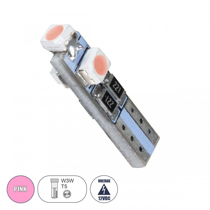 GloboStar® 81035 Λάμπα Αυτοκινήτου LED T5 3xSMD1210 0.48W 18lm 360° DC 12-16V IP20 Φ0.6 x Υ2cm Ροζ