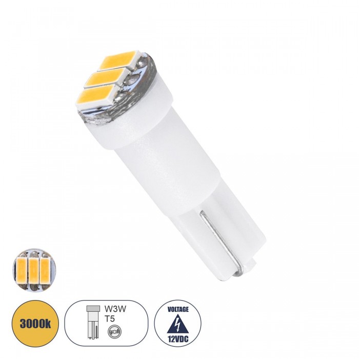 GloboStar® 81037 Λάμπα Αυτοκινήτου LED T5 3xSMD4014 0.9W 135lm 120° DC 12-16V IP20 Φ0.6 x Υ1.8cm Θερμό Λευκό 3000K
