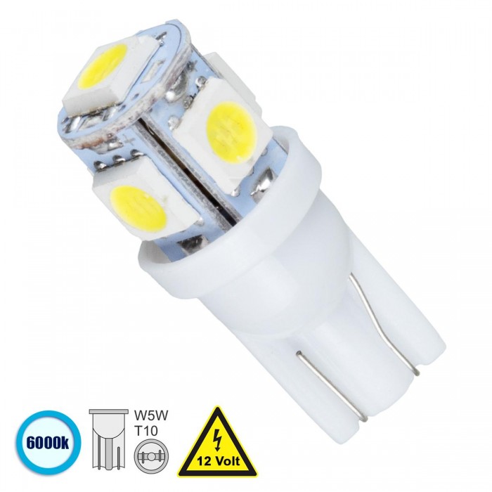 GloboStar® 81050 Λάμπα Αυτοκινήτου LED T10 W5W 5xSMD5050 1.3W 110lm 360° DC 12-16V IP20 Φ1.2 x Υ2.7cm Ψυχρό Λευκό 6000K