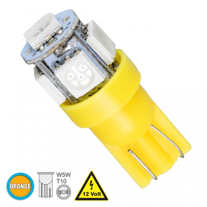 GloboStar® 81054 Λάμπα Αυτοκινήτου LED T10 W5W 5xSMD5050 1.3W 80lm 360° DC 12-16V IP20 Φ1.2 x Υ2.7cm Πορτοκαλί