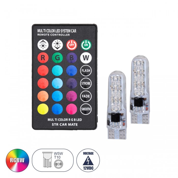 GloboStar® 81062 Λάμπές Αυτοκινήτου LED T10 W5W με Ασύρματο Χειριστήριο IR 6xSMD3535 2.5W 300lm 360° DC 12-16V IP20 Φ1 x Υ3.5cm RGBW - Σετ 2 Τεμαχίων σε Blister