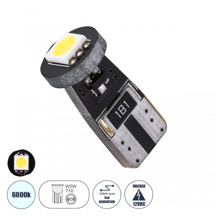 GloboStar® 81080 Λάμπα Αυτοκίνητου LED T10 W5W 2rd Generation Can-Bus Series 1xSMD5050 1.5W 150lm 120° DC 12-16V IP20 Φ1 x H2.2cm Ψυχρό Λευκό 6000K