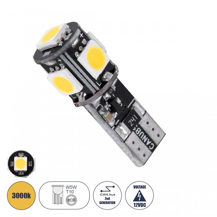 GloboStar® 81090 Λάμπα Αυτοκίνητου LED T10 W5W 2rd Generation Can-Bus Series 5xSMD5050 2.30W 300lm 360° DC 12-16V IP20 Φ1.1 x Υ2.7cm Θερμό Λευκό 3000K GloboStar® 81090 Λάμπα Αυτοκίνητου LED T10 W5W 2rd Generation Can-Bus Series 5xSMD5050 2.30W 300lm 360° DC 12-16V IP20 Φ1.1 x Υ2.7cm Θερμό Λευκό 3000K