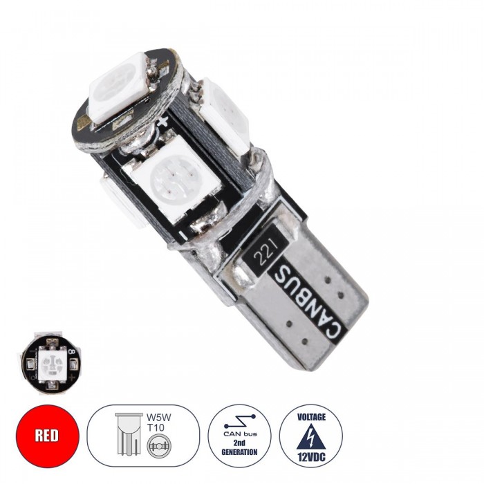 GloboStar® 81091 Λάμπα Αυτοκίνητου LED T10 W5W 2rd Generation Can-Bus Series 5xSMD5050 2.30W 240lm 360° DC 12-16V IP20 Φ1.1 x Υ2.7cm Κόκκινο