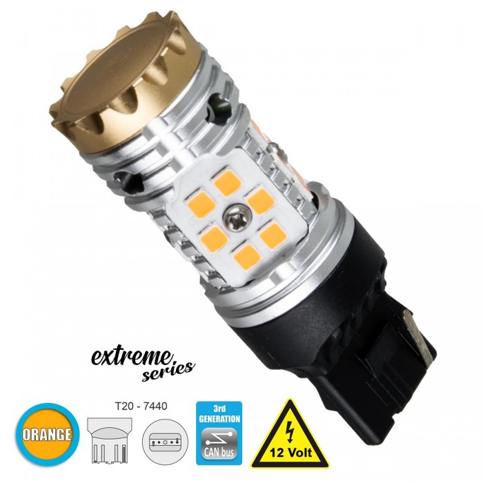 GloboStar® 81150 Λάμπα Αυτοκίνητου T20 - 7440 - W21W 3rd Generation Can-Bus Extreme Series LED 30 SMD 3030 24W 2880lm 360° DC 12V IP20 Πορτοκαλί