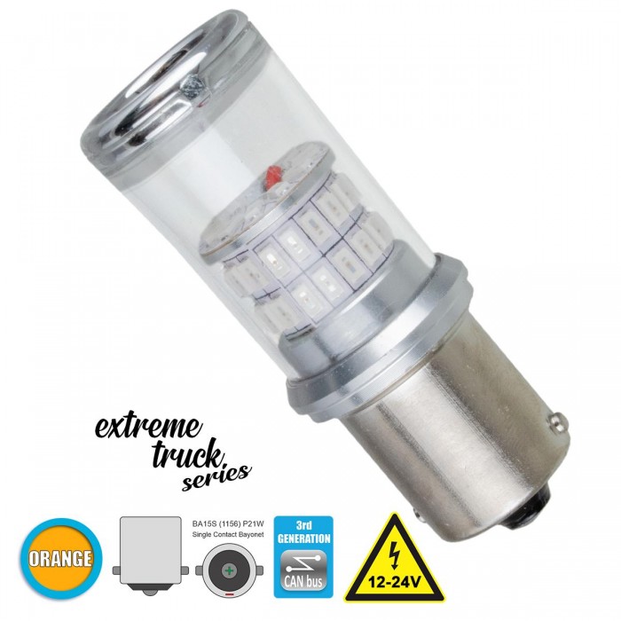 GloboStar® 81226 Λάμπα Αυτοκινήτου & Φορτηγού 1156 - BA15S - P21W 3rd Generation Can-Bus Extreme Truck Series LED 48 SMD 4014 18W 2160lm 360° DC 12-24V IP20 Πορτοκαλί