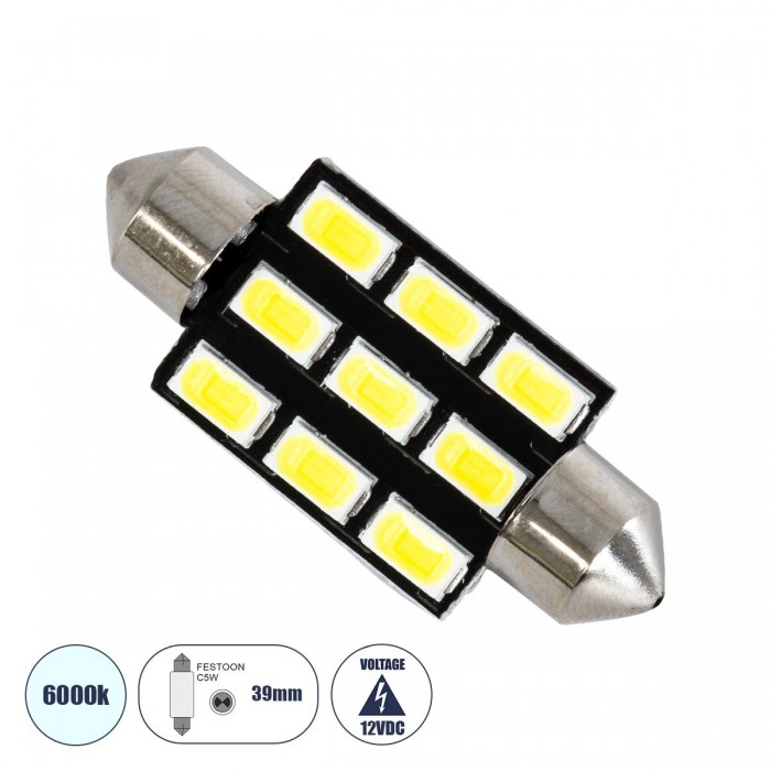 GloboStar® 81307 Λάμπα Αυτοκινήτου LED 39mm FESTOON - C5W 9xSMD5630 4.5W 675lm 120° DC 12-16V IP20 Μ3.9 x Π1.2 x Υ1.2cm Ψυχρό Λευκό 6000K