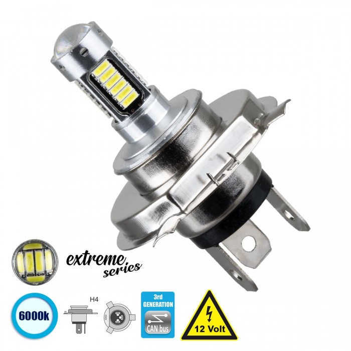 GloboStar® 81413 Λάμπα Αυτοκίνητου H4 3rd Generation Can-Bus Extreme Series LED 30 SMD 4014 6W 900lm 360° DC 12V IP20 Ψυχρό Λευκό 6000K
