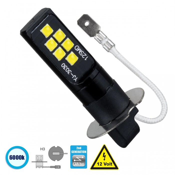 GloboStar® 81445 Λάμπα Αυτοκίνητου H3 2nd Generation Can-Bus Series LED 12 SMD 3030 8W 1200lm 360° DC 12V IP20 Ψυχρό Λευκό 6000K
