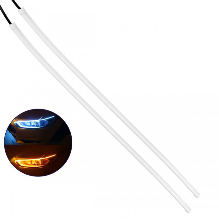 GloboStar® 81725 Σετ 2 ΕΛΑΣΤΙΚΑ - FLEXIBLE DRL + FLASH TURN LIGHT LED CREE COB 60cm 12W 1800lm 360° DC 12V Αδιάβροχα IP65 Πορτοκαλί - Ψυχρό Λευκό 6000K