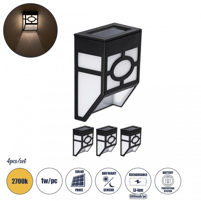 GloboStar® 85707 ΣΕΤ 4 Τεμαχίων Αυτόνομα Ηλιακά Φωτιστικά Τοίχου Μαύρα-Λευκά LED SMD 1W 100lm με Ενσωματωμένη Μπαταρία 600mAh - Φωτοβολταϊκό Πάνελ με Αισθητήρα Ημέρας-Νύχτας Αδιάβροχα IP65 Θερμό Λευκό 3000K GloboStar® 85707 ΣΕΤ 4 Τεμαχίων Αυτόνομα Ηλιακά Φωτιστικά Τοίχου Μαύρα-Λευκά LED SMD 1W 100lm με Ενσωματωμένη Μπαταρία 600mAh - Φωτοβολταϊκό Πάνελ με Αισθητήρα Ημέρας-Νύχτας Αδιάβροχα IP65 Θερμό Λευκό 3000K