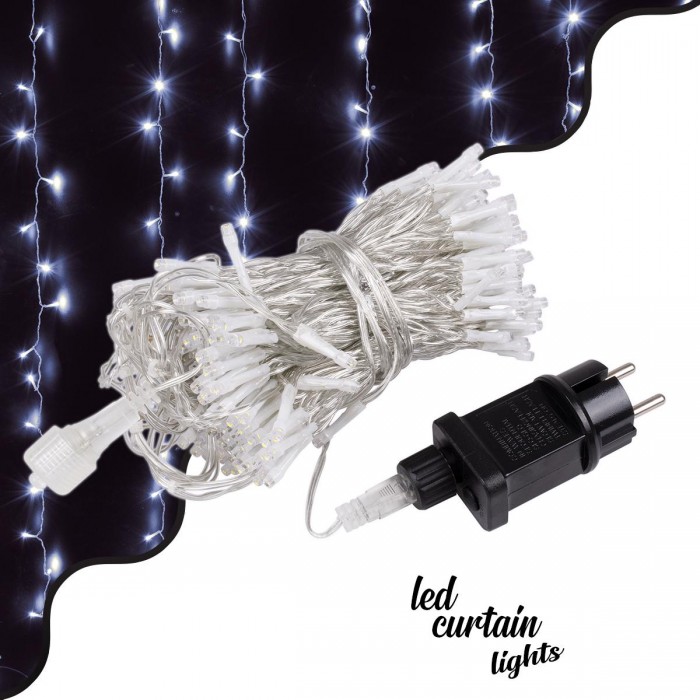 85828 Διακοσμητική Κουρτίνα 3 x 3 Μέτρα με Controller 8 Προγραμμάτων Εναλλαγών Φωτισμού - Επεκτεινόμενη 300 LED 3.6W AC 230V με Διάφανο Καλώδιο & Πρίζα Schuko Αδιάβροχη IP44 Ψυχρό Λευκό 6000K Μ3 x Υ3m