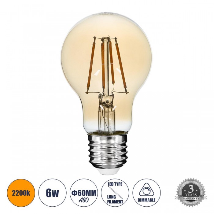 GloboStar® 99036 LED Long Filament Bulb E27 A60 Globe 6W 550lm 360° AC 220-240V IP20 D6 x H10.5cm Ultra Θερμό Λευκό 2200K με Μελί Γυαλί - Dimmable - 3 Years Warranty GloboStar® 99036 LED Long Filament Bulb E27 A60 Globe 6W 550lm 360° AC 220-240V IP20 D6 x H10.5cm Ultra Θερμό Λευκό 2200K με Μελί Γυαλί - Dimmable - 3 Years Warranty