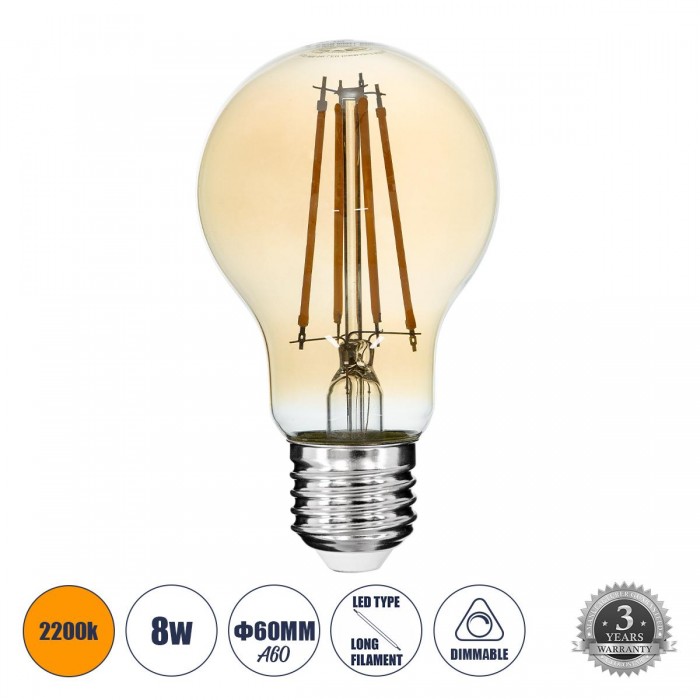 GloboStar® 99037 LED Long Filament Bulb E27 A60 Globe 8W 720lm 360° AC 220-240V IP20 D6 x H10.5cm Ultra Θερμό Λευκό 2200K με Μελί Γυαλί - Dimmable - 3 Years Warranty GloboStar® 99037 LED Long Filament Bulb E27 A60 Globe 8W 720lm 360° AC 220-240V IP20 D6 x H10.5cm Ultra Θερμό Λευκό 2200K με Μελί Γυαλί - Dimmable - 3 Years Warranty