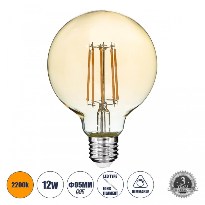 GloboStar® 99041 LED Long Filament Bulb E27 G95 Globe 12W 1080lm 360° AC 220-240V IP20 D9.5 x H13.5cm Ultra Θερμό Λευκό 2200K με Μελί Γυαλί - Dimmable - 3 Years Warranty GloboStar® 99041 LED Long Filament Bulb E27 G95 Globe 12W 1080lm 360° AC 220-240V IP20 D9.5 x H13.5cm Ultra Θερμό Λευκό 2200K με Μελί Γυαλί - Dimmable - 3 Years Warranty