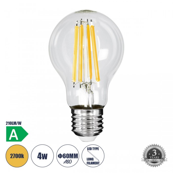 GLOBOSTAR® GLOBE 99083 Λάμπα E27 A60 LED 4W 840lm 360° AC 220-240V IP20 Θερμό Λευκό 2700K - Long Filament Chip - Διάφανο - Μ6 x Π6 x Υ11cm - 3 Χρόνια Εγγύηση