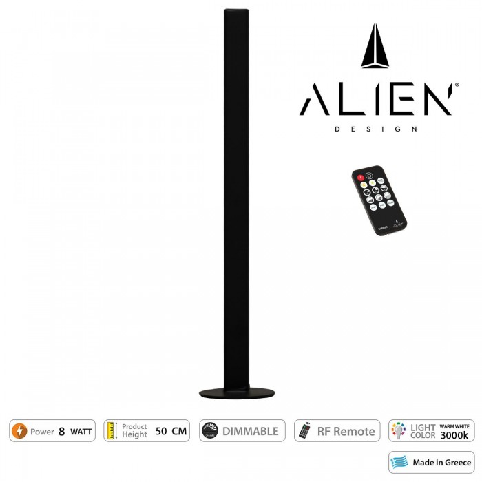 GloboStar® ALIEN-DIVA-BLACK-50-3 ALIEN Design DIVA Μοντέρνο Minimal Nordic Μεταλλικό Φωτιστικό Επιτραπέζιο - Πορτατίφ - Λαμπατέρ Μαύρο LED 8W 960lm με Ασύρματο Χειριστήριο RF & Dimmer IP20 Θερμό Λευκό 3000K Μ3 x Π1.6 x Υ50cm