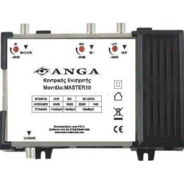 Master10 Κεντρικός Ενισχυτής ANGA με εισόδους BI+DATA-BIII-UHF Ενίσχυση 40dB/116dBμV 5G LTE Συμβατός με επίγεια ψηφιακή