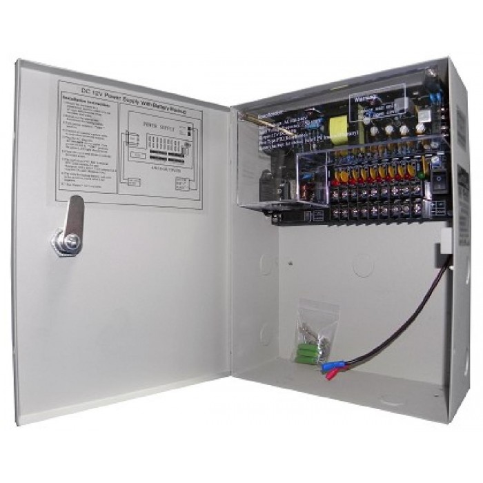 Σταθεροποιημένο τροφοδοτικό 12V / 5A / 60W, 9 εξόδων, Με δυνατότητα προσθήκης μπαταρίας 12V 7Ah, ANGA CP1209-5A-9-B
