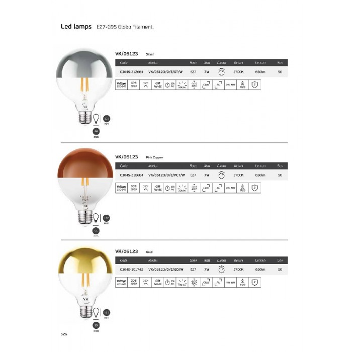 VK/05123/D/E/GD/W - Λάμπα Led, E27, 7W, 2700Κ, 650lm, σφαίρα, Filament, dimmable, χρυσό VK/05123/D/E/GD/W - Λάμπα Led, E27, 7W, 2700Κ, 650lm, σφαίρα, Filament, dimmable, χρυσό