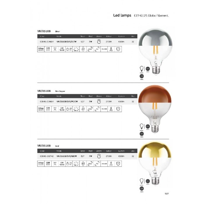 VK/05108/D/E/GD/W - Λάμπα Led, E27, 7W, 2700Κ, 650lm, Dimmable, σφαίρα, Filament, χρυσό