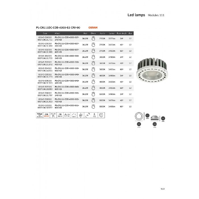 PL-CN111-COB-4300-930-24D-G3 - Module LED 111 OSRAM. 36.2W. 3000K. 3490lm. 24°. CRI>90. Dimmable. IP20 PL-CN111-COB-4300-930-24D-G3 - Module LED 111 OSRAM. 36.2W. 3000K. 3490lm. 24°. CRI>90. Dimmable. IP20