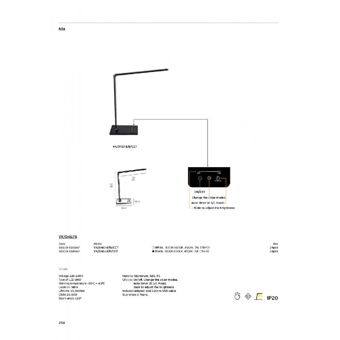 VK/04678/W/CCT - Λευκό. 3000K-6000K. 7W. 450lm. 220-240V. 120°. LED SMD. Φωτιστικό γραφείου. -20° C→ 45° C. 10.000hrs. CRI>90. Με 3 διακόπτες-επιλογές. Dim yes. Αλουμίνιο, ABS, PC. IP20