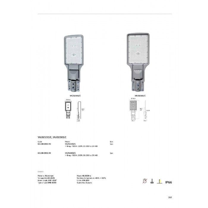 VK/02265/C - Grey. 4000K. 200W. 28.000lm. AC100-250V. 135°-225°. LED SMD 3030. 40.000hrs. -40°C → 50°C. CRI>80. Φωτιστικό δρόμου. Αλουμίνιο. IP66 VK/02265/C - Grey. 4000K. 200W. 28.000lm. AC100-250V. 135°-225°. LED SMD 3030. 40.000hrs. -40°C → 50°C. CRI>80. Φωτιστικό δρόμου. Αλουμίνιο. IP66