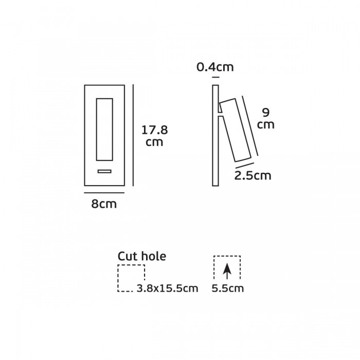 VK/04176/WA/B/W - Απλίκα τοίχου led χωνευτή, 100-265V, 3W, 3000K, 110lm, 30°, CRI>80, USB, IP20, μαύρη 