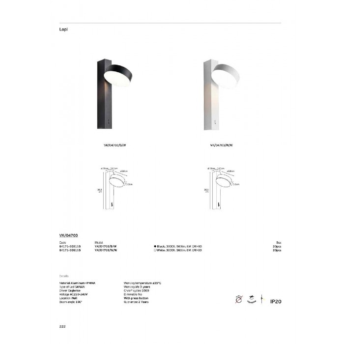 VK/04703/W/W - Λευκό. 3000K. 8W. 560lm. AC220-240V. 100°. LED SANAN. Τροφοδοτικό Eaglerise. Φωτιστικό τοίχου/διαβάσματος. ≤35°C. Χρόνος ζωής 3 έτη. Dim No. Με διακόπτn on/off. CRI>80. Αλουμίνιο + PMMA. IP20 VK/04703/W/W - Λευκό. 3000K. 8W. 560lm. AC220-240V. 100°. LED SANAN. Τροφοδοτικό Eaglerise. Φωτιστικό τοίχου/διαβάσματος. ≤35°C. Χρόνος ζωής 3 έτη. Dim No. Με διακόπτn on/off. CRI>80. Αλουμίνιο + PMMA. IP20