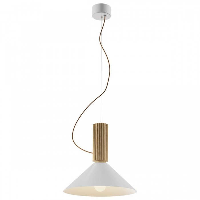 VK/03350/PE/OW-WM - Λευκό/Wood.  E27. Max 20W (LED). 240V. -10°C → 40°C. Οροφής/κρεμαστό. Δρυς, υφασμάτινο καλώδιο, μεταλλική ροζέτα. IP20