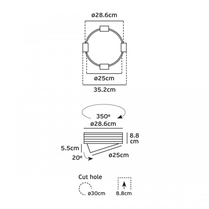 VK/04348/B/C/35 - Χωνευτό κινητό φωτιστικό led, Trimless, 17W, 4000K, 2638lm, 110°,  IP20, ø25cm, μαύρο