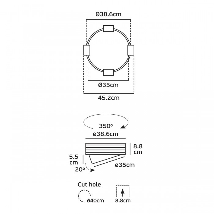 VK/04348/B/W/45 - Χωνευτό κινητό φωτιστικό led, Trimless, 24W, 3000K, 3589lm, 110°, IP20, ø35cm, μαύρο